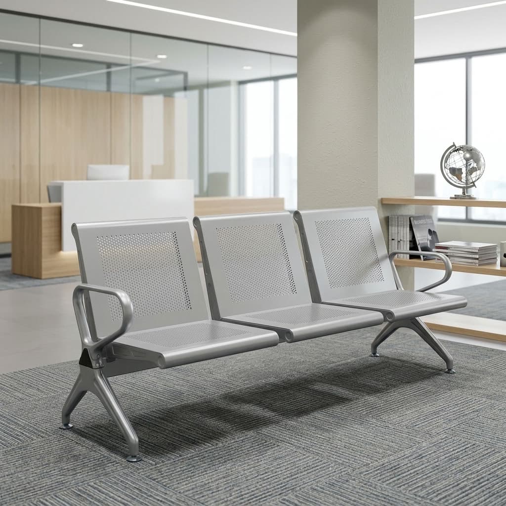 A premium metallic silver 3-Link Heavy Duty Waiting Bench featuring a three-seat perforated steel design, side armrests, and arched support legs.