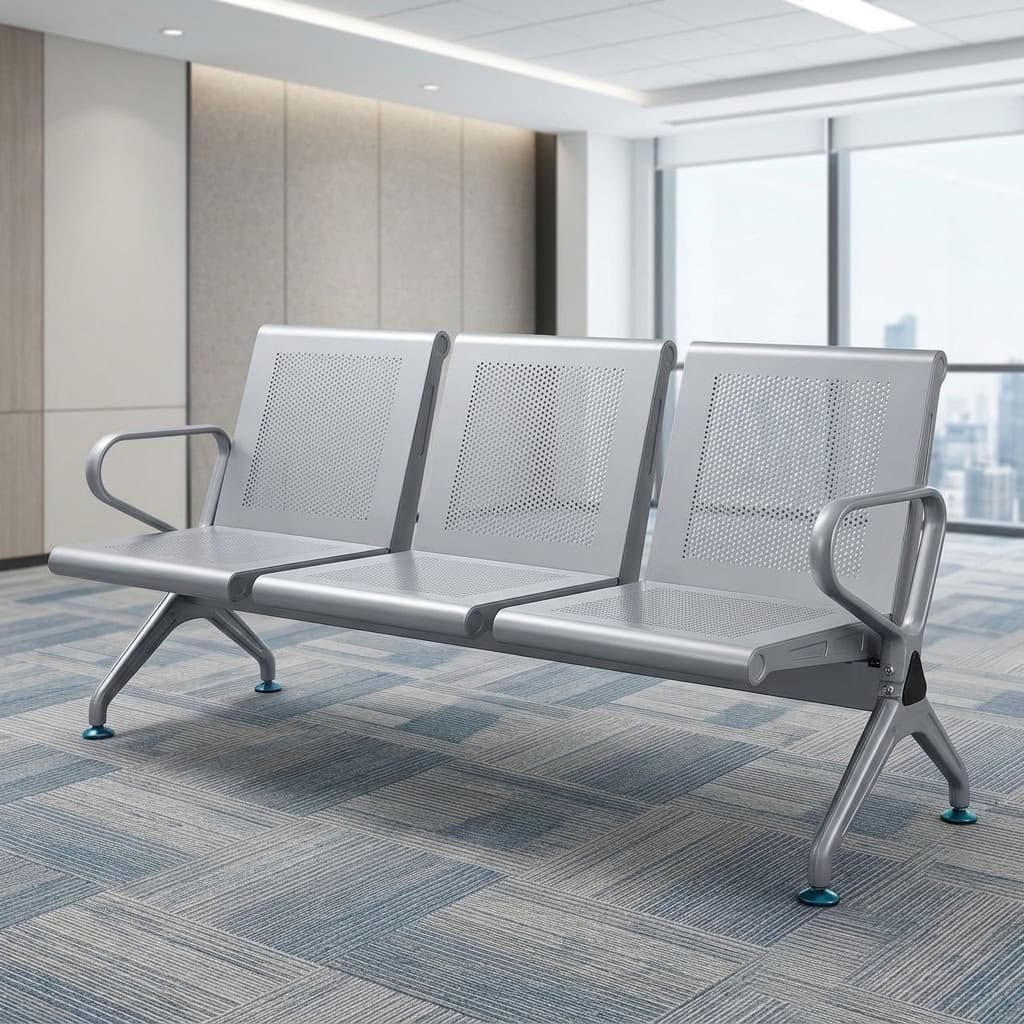 A premium metallic silver 3-Link Heavy Duty Waiting Bench featuring a three-seat perforated steel design, side armrests, and arched support legs.