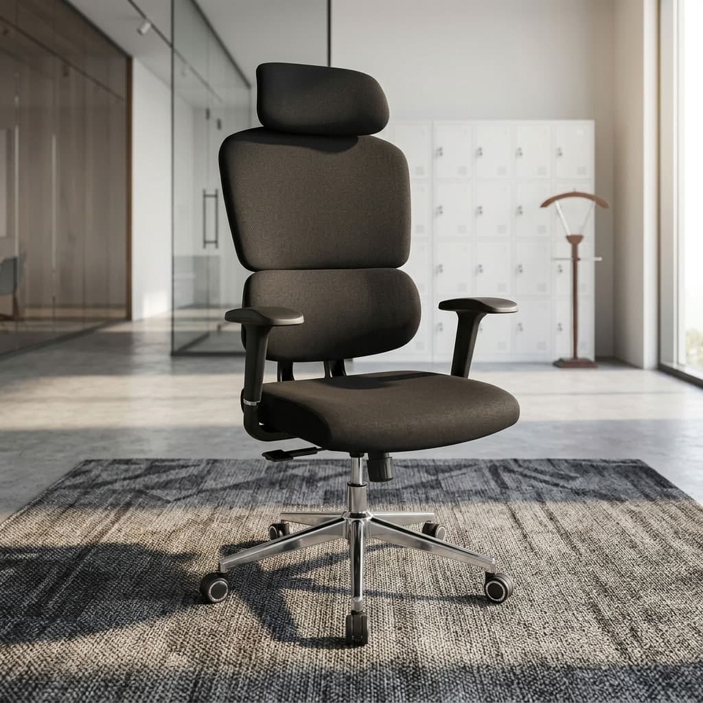 A premium black High-Back Orthopedic Chair featuring a segmented ergonomic backrest, adjustable headrest, 3D armrests, and a polished chrome five-star wheeled base.