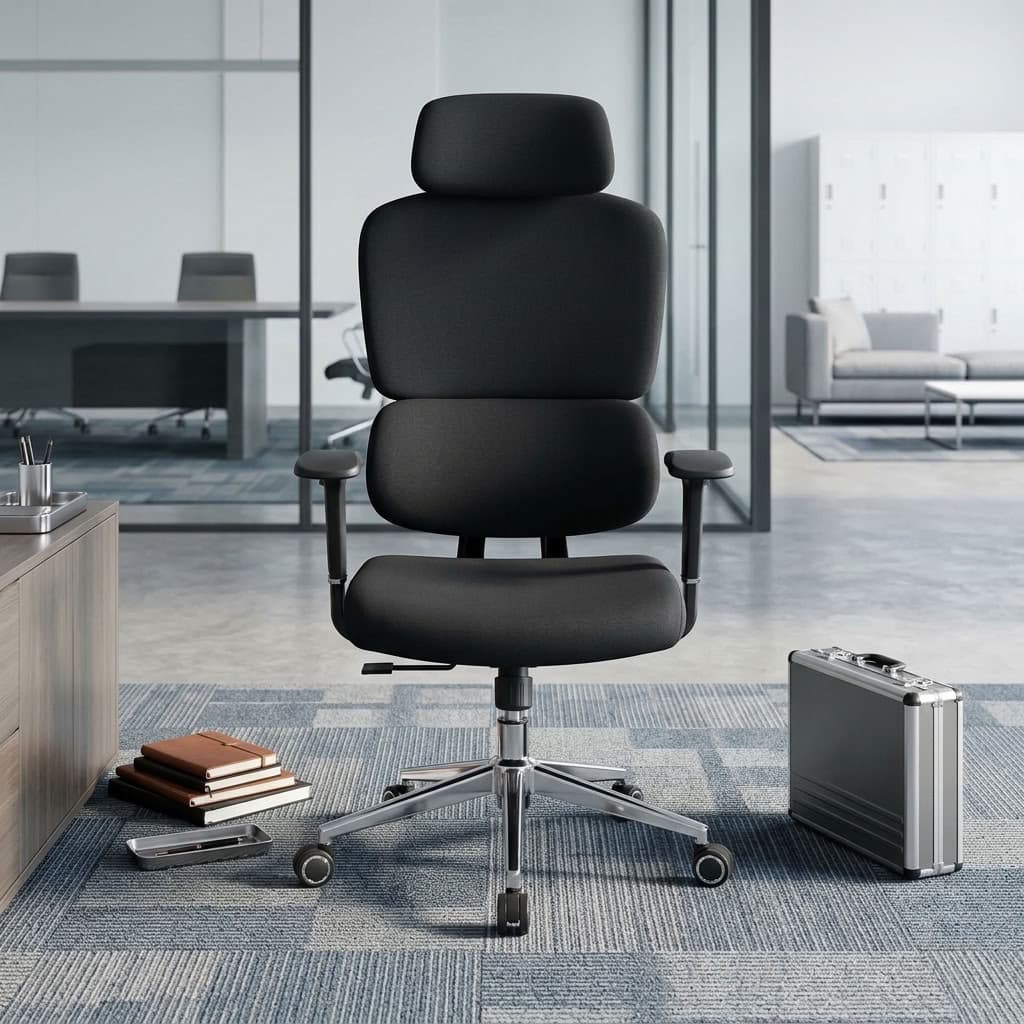A premium black High-Back Orthopedic Chair featuring a segmented ergonomic backrest, adjustable headrest, 3D armrests, and a polished chrome five-star wheeled base.
