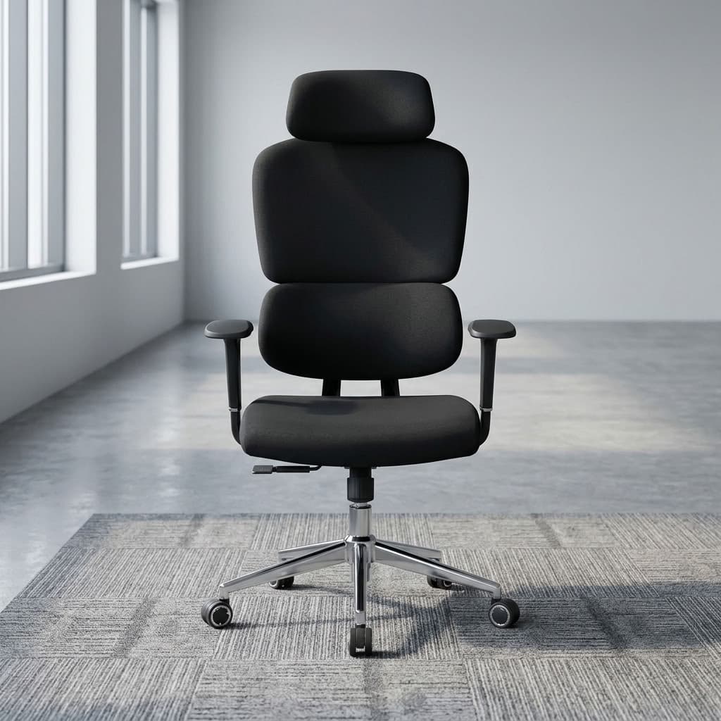 A premium black High-Back Orthopedic Chair featuring a segmented ergonomic backrest, adjustable headrest, 3D armrests, and a polished chrome five-star wheeled base.