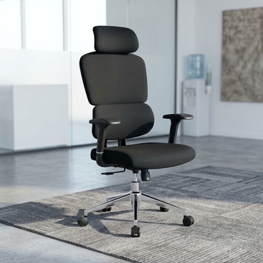 A premium black High-Back Orthopedic Chair featuring a segmented ergonomic backrest, adjustable headrest, 3D armrests, and a polished chrome five-star wheeled base.
