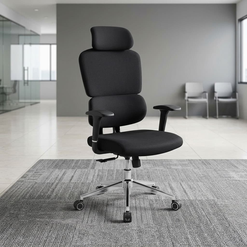 A premium black High-Back Orthopedic Chair featuring a segmented ergonomic backrest, adjustable headrest, 3D armrests, and a polished chrome five-star wheeled base.
