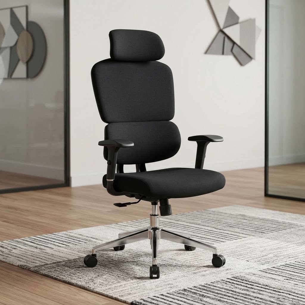 A premium black High-Back Orthopedic Chair featuring a segmented ergonomic backrest, adjustable headrest, 3D armrests, and a polished chrome five-star wheeled base.