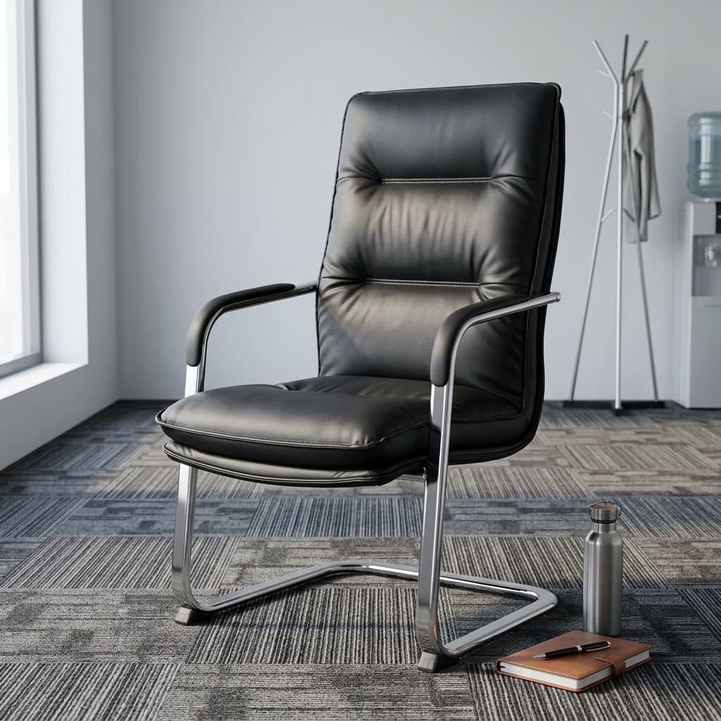 A premium black Executive Leather Office Waiting Seat featuring a high-back tufted design, padded armrests, and a mirror-polished chrome cantilever sled base.