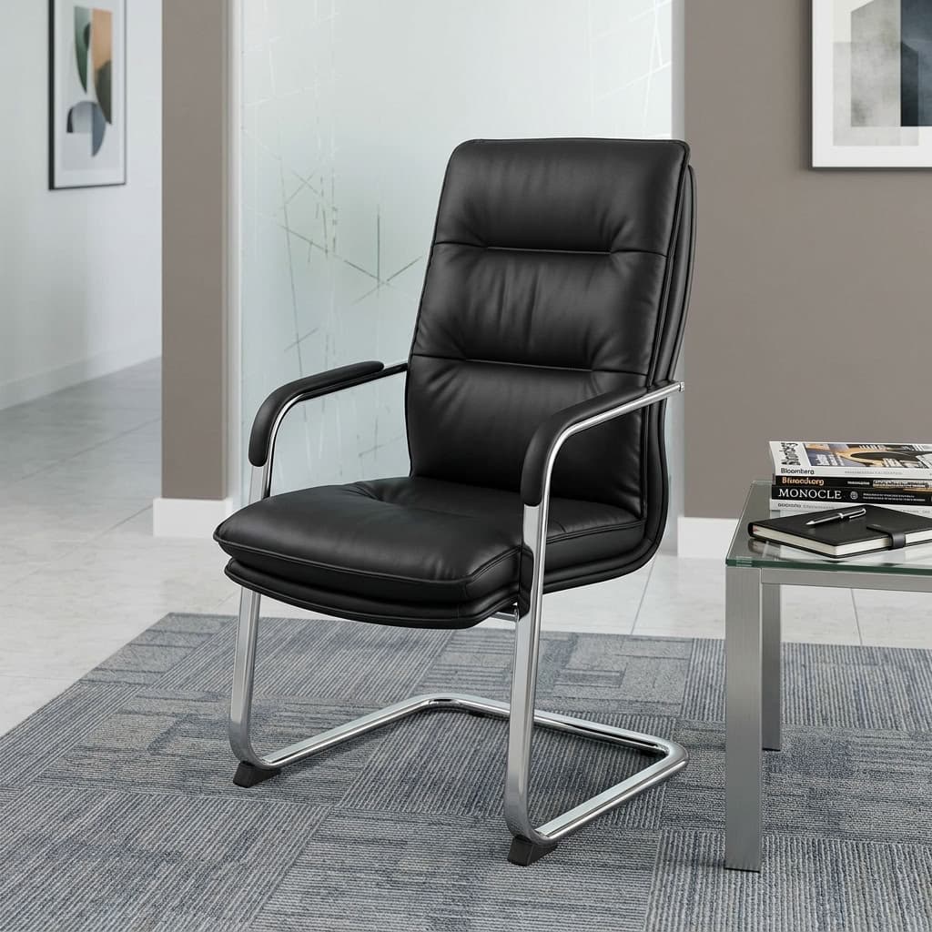 A premium black Executive Leather Office Waiting Seat featuring a high-back tufted design, padded armrests, and a mirror-polished chrome cantilever sled base.