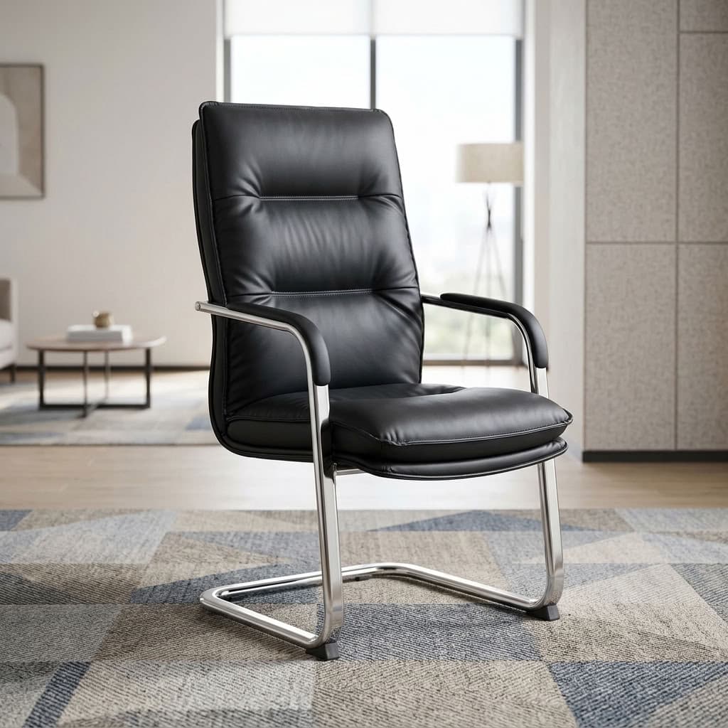 A premium black Executive Leather Office Waiting Seat featuring a high-back tufted design, padded armrests, and a mirror-polished chrome cantilever sled base.