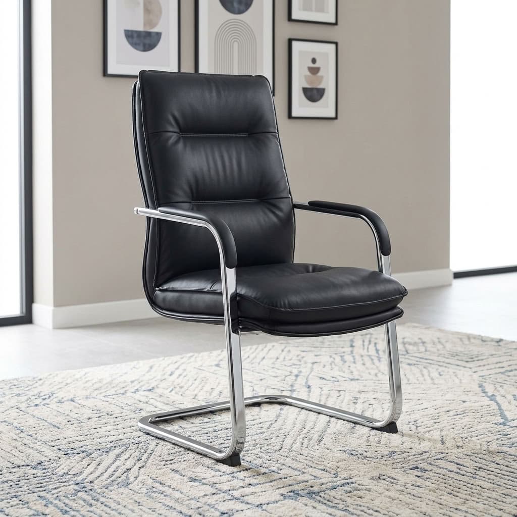 A premium black Executive Leather Office Waiting Seat featuring a high-back tufted design, padded armrests, and a mirror-polished chrome cantilever sled base.