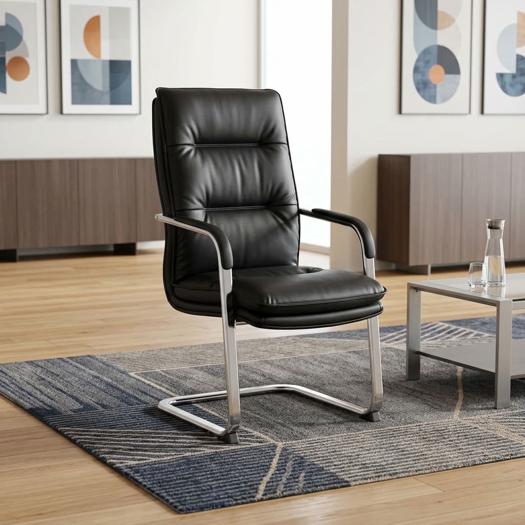 A premium black Executive Leather Office Waiting Seat featuring a high-back tufted design, padded armrests, and a mirror-polished chrome cantilever sled base.