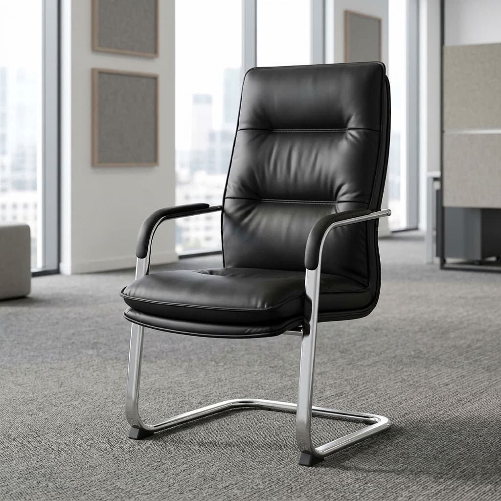 A premium black Executive Leather Office Waiting Seat featuring a high-back tufted design, padded armrests, and a mirror-polished chrome cantilever sled base.