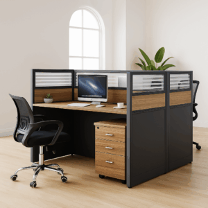 2-Way Modular Office Workstation – Sleek Black & Oak with Frosted Panels