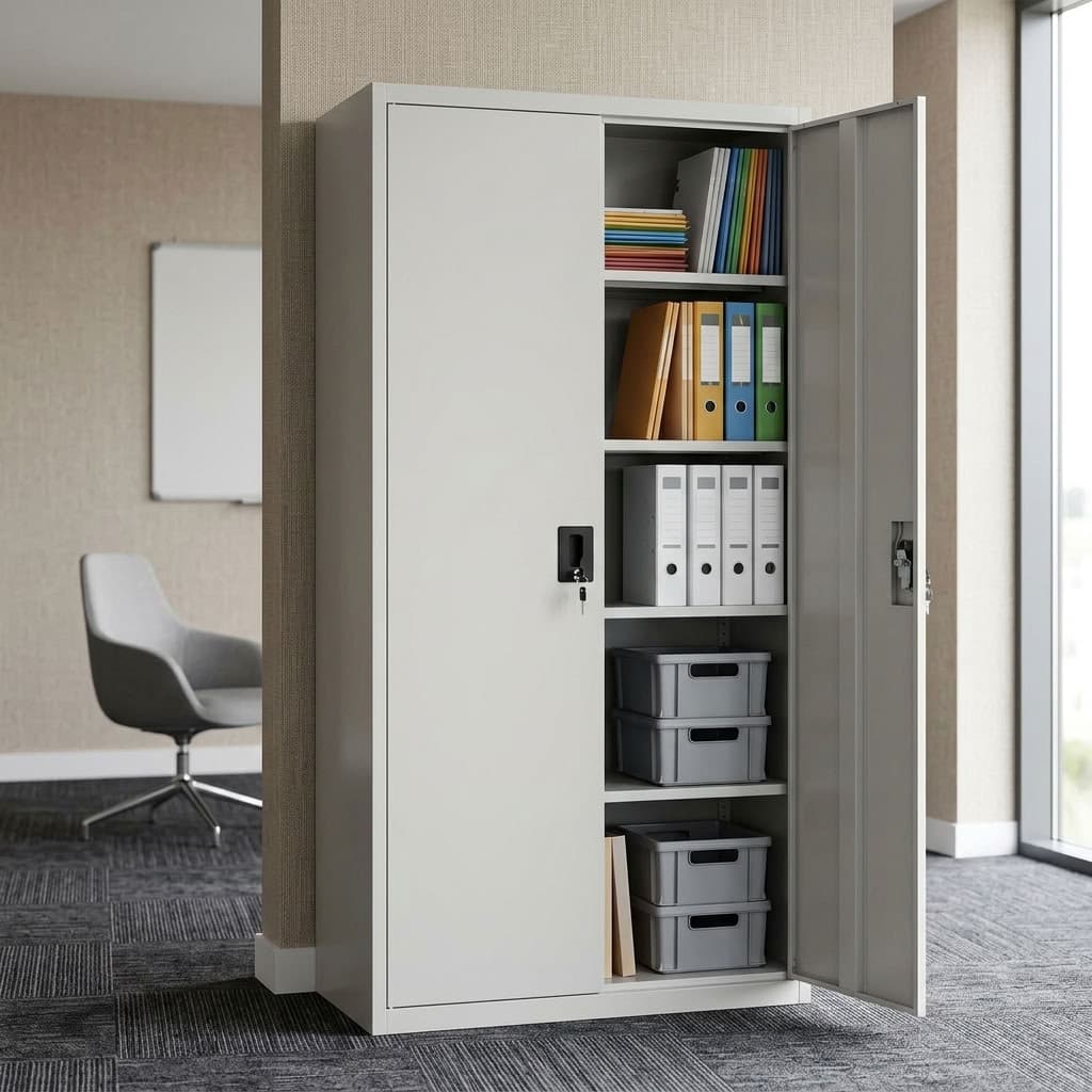 A tall light grey 2-Door Steel Metallic Office Cabinet featuring five interior shelves filled with folders, a central black lock box, and dual solid steel doors.