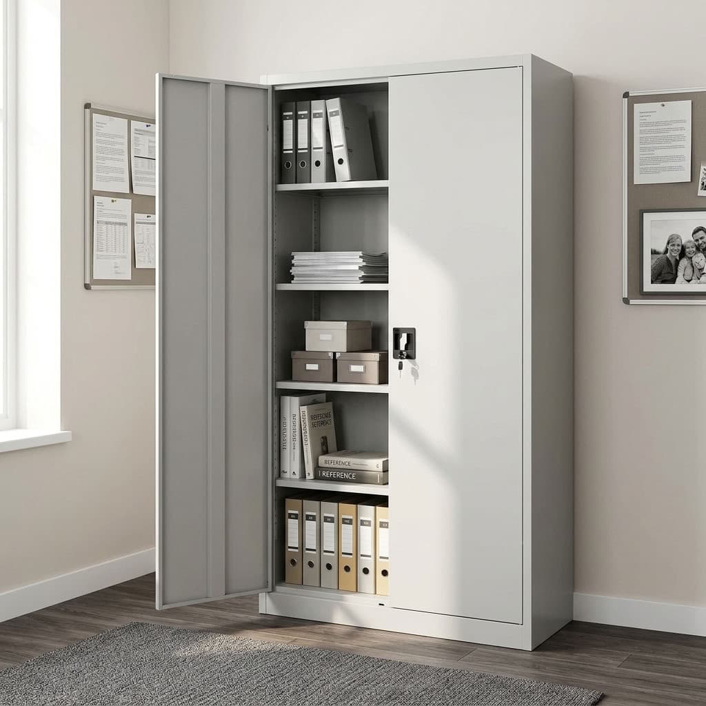 A tall light grey 2-Door Steel Metallic Office Cabinet featuring five interior shelves filled with folders, a central black lock box, and dual solid steel doors.