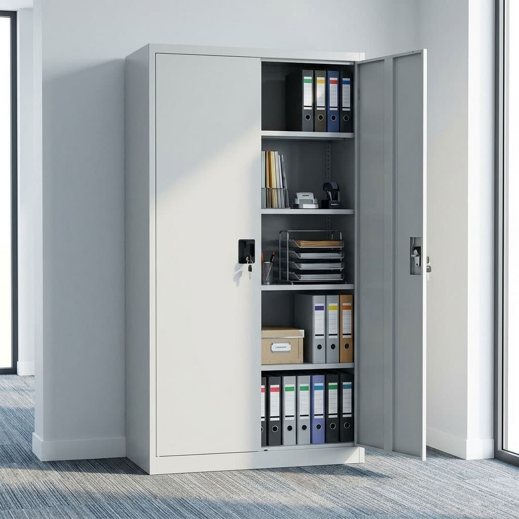 A tall light grey 2-Door Steel Metallic Office Cabinet featuring five interior shelves filled with folders, a central black lock box, and dual solid steel doors.