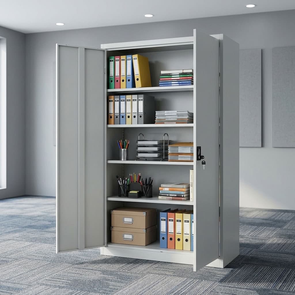 A tall light grey 2-Door Steel Metallic Office Cabinet featuring five interior shelves filled with folders, a central black lock box, and dual solid steel doors.