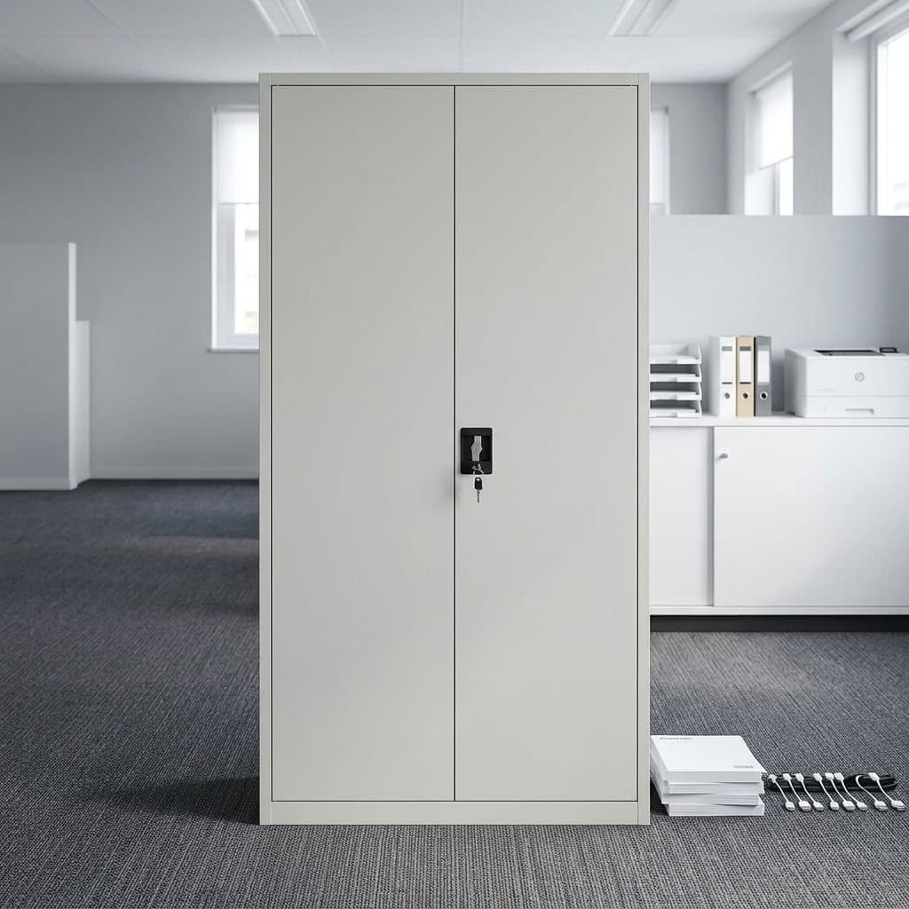 A tall light grey 2-Door Steel Metallic Office Cabinet featuring five interior shelves filled with folders, a central black lock box, and dual solid steel doors.