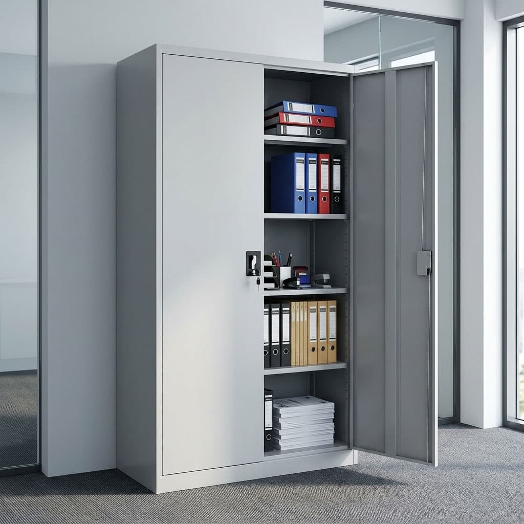 A tall light grey 2-Door Steel Metallic Office Cabinet featuring five interior shelves filled with folders, a central black lock box, and dual solid steel doors.