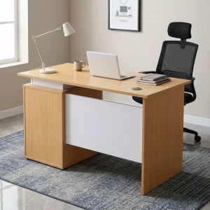 A premium light oak 1.2m Compact Study Desk featuring a white floating desktop layout, an upper storage drawer with a key lock, and a lower cabinet door with a silver handle.