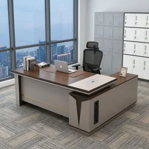 A luxury 1.8m L-Shaped Executive Desk featuring a dark walnut woodgrain top, a black leather center pad, matte champagne-beige panels with gold trim, and a side return credenza.