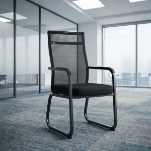 A premium black Commercial Office Visitor Chair featuring a high-back mesh design, fixed armrests, and a heavy-duty steel sled base frame.