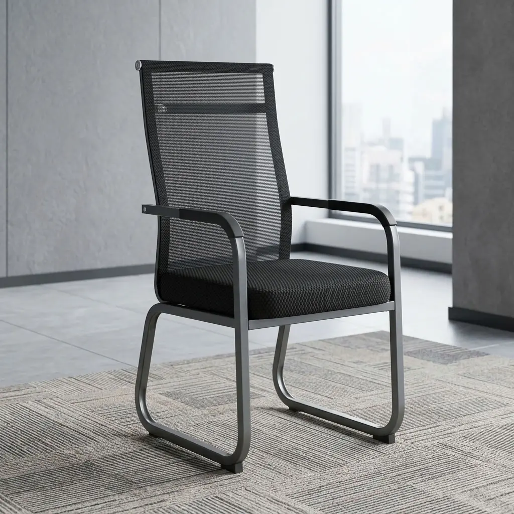 A premium black Commercial Office Visitor Chair featuring a high-back mesh design, fixed armrests, and a heavy-duty steel sled base frame.