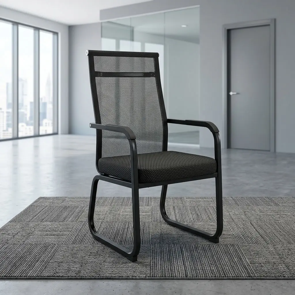 A premium black Commercial Office Visitor Chair featuring a high-back mesh design, fixed armrests, and a heavy-duty steel sled base frame.