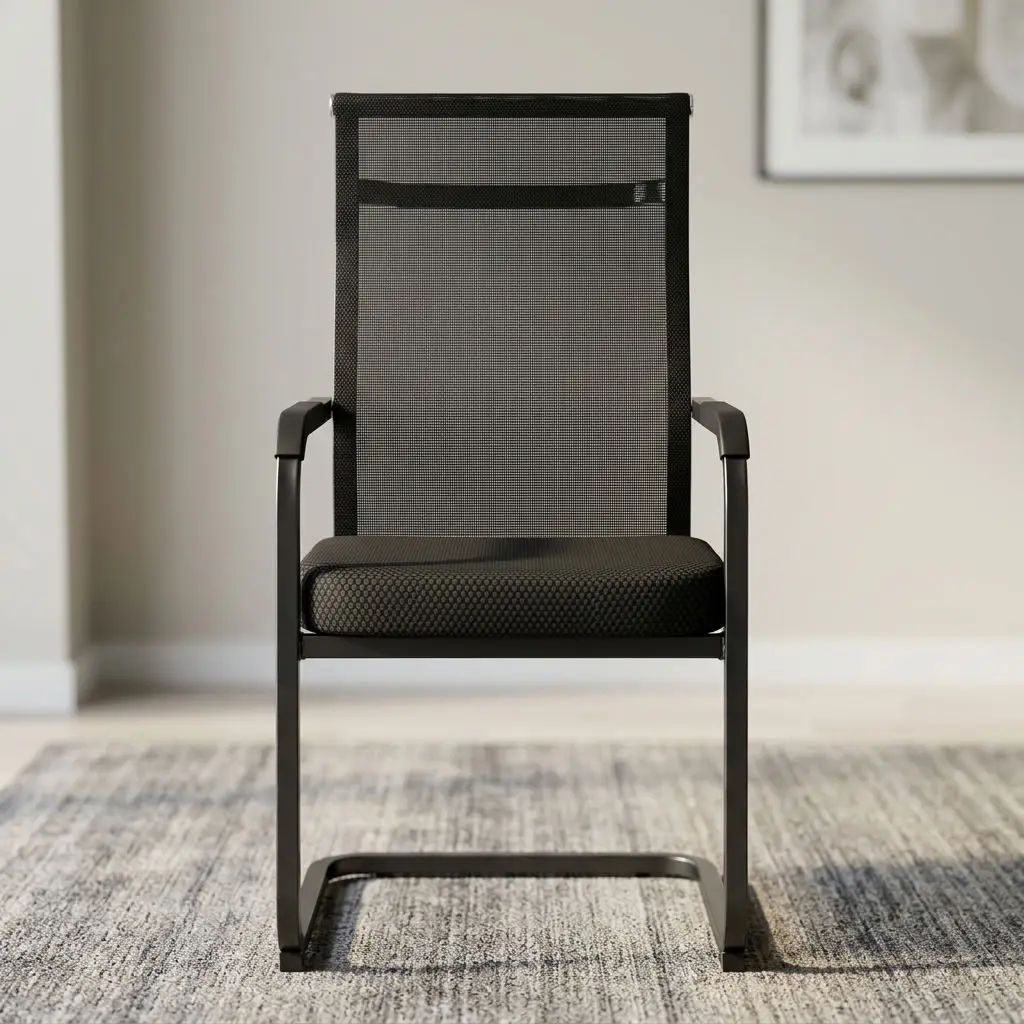 A premium black Commercial Office Visitor Chair featuring a high-back mesh design, fixed armrests, and a heavy-duty steel sled base frame.