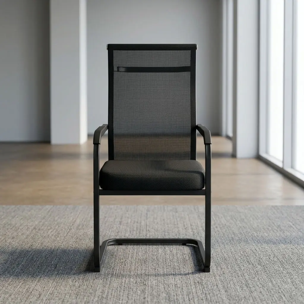 A premium black Commercial Office Visitor Chair featuring a high-back mesh design, fixed armrests, and a heavy-duty steel sled base frame.