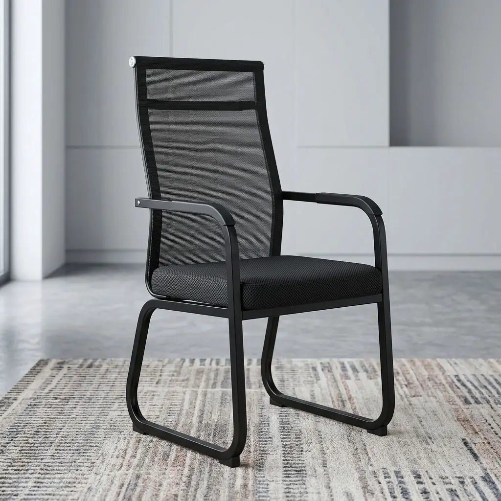 A premium black Commercial Office Visitor Chair featuring a high-back mesh design, fixed armrests, and a heavy-duty steel sled base frame.