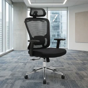A premium black Mesh Orthopedic High-Back Office Seat featuring an adjustable headrest, height-adjustable armrests, a rear lumbar adjustment knob, and a polished chrome wheeled star base.
