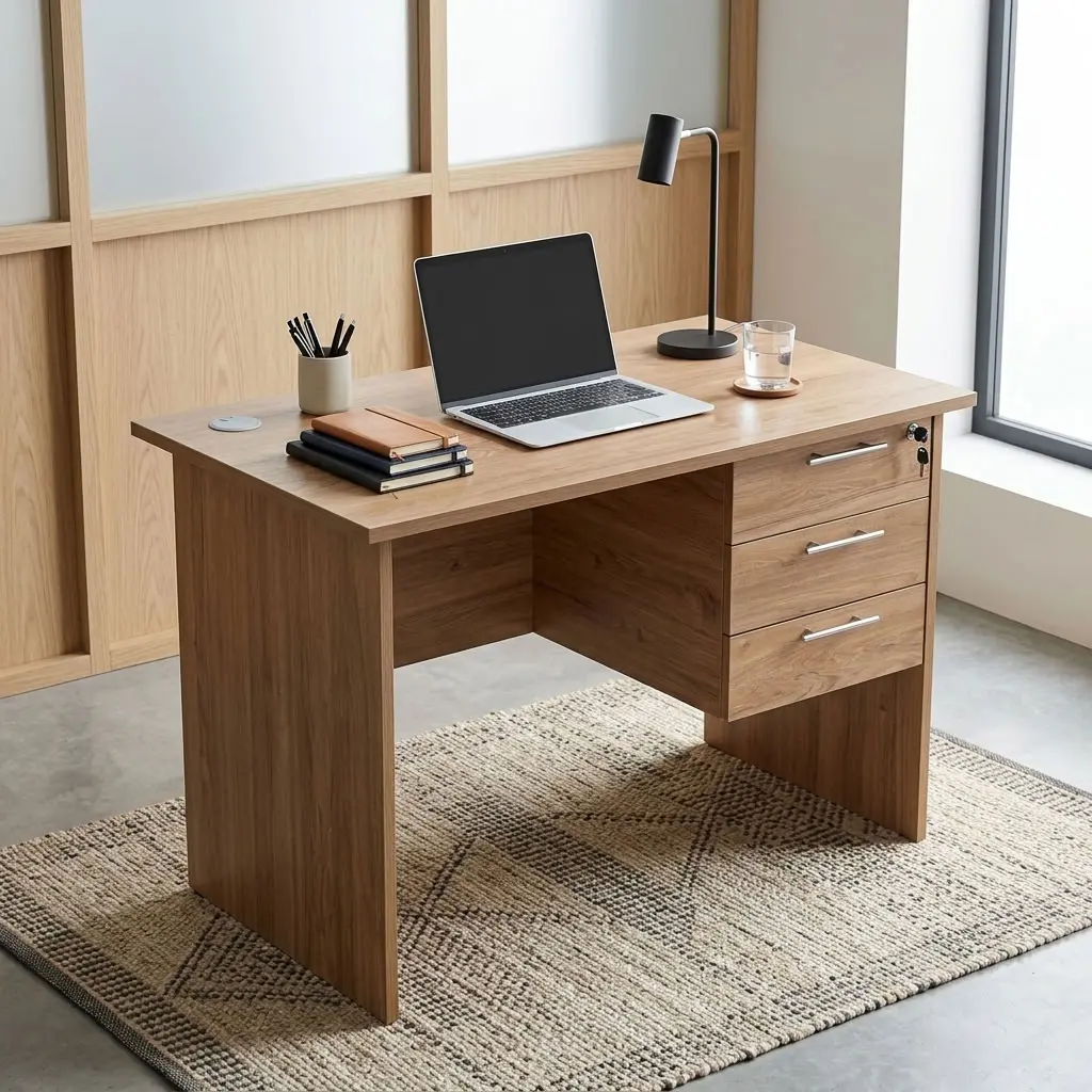 A premium natural teak woodgrain Compact 1m Study Desk featuring a circular white desktop cable grommet and a built-in three-drawer storage pedestal with brushed silver handles and a key lock.