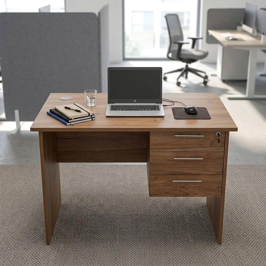 A premium natural teak woodgrain Compact 1m Study Desk featuring a circular white desktop cable grommet and a built-in three-drawer storage pedestal with brushed silver handles and a key lock.