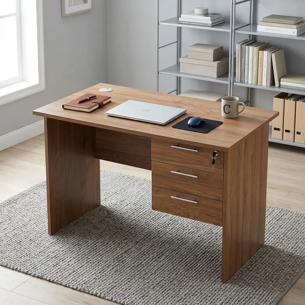 A premium natural teak woodgrain Compact 1m Study Desk featuring a circular white desktop cable grommet and a built-in three-drawer storage pedestal with brushed silver handles and a key lock.