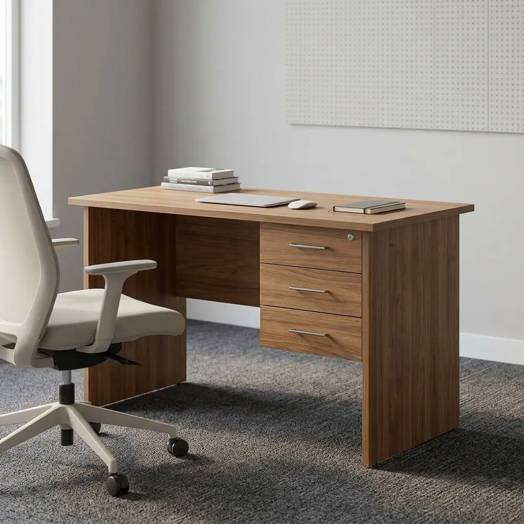 A premium natural teak woodgrain Compact 1m Study Desk featuring a circular white desktop cable grommet and a built-in three-drawer storage pedestal with brushed silver handles and a key lock.