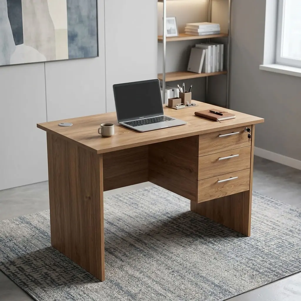 A premium natural teak woodgrain Compact 1m Study Desk featuring a circular white desktop cable grommet and a built-in three-drawer storage pedestal with brushed silver handles and a key lock.