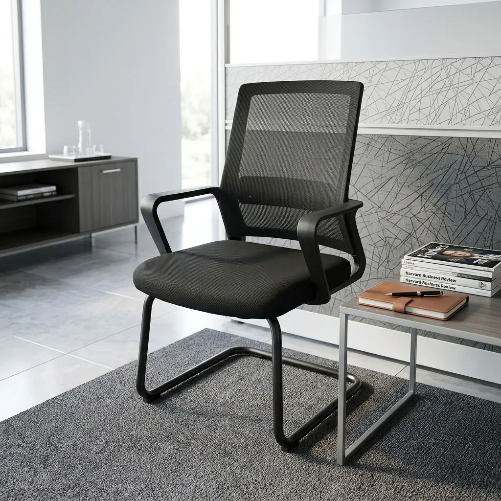 A premium black Mesh Office Waiting Visitor Seat featuring a high-back mesh design, fixed armrests, and a heavy-duty steel sled base frame.