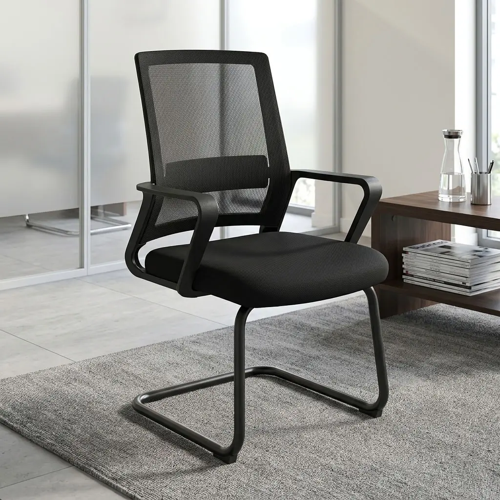 A premium black Mesh Office Waiting Visitor Seat featuring a high-back mesh design, fixed armrests, and a heavy-duty steel sled base frame.