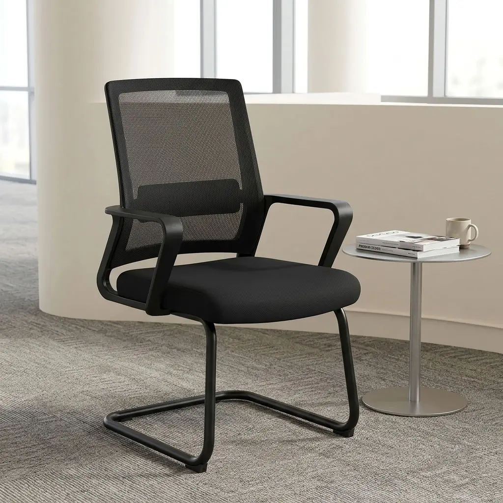 A premium black Mesh Office Waiting Visitor Seat featuring a high-back mesh design, fixed armrests, and a heavy-duty steel sled base frame.