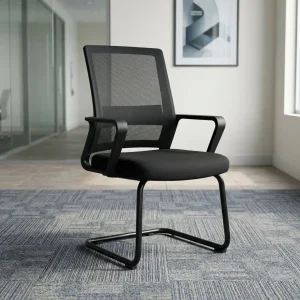 A premium black Mesh Office Waiting Visitor Seat featuring a high-back mesh design, fixed armrests, and a heavy-duty steel sled base frame.