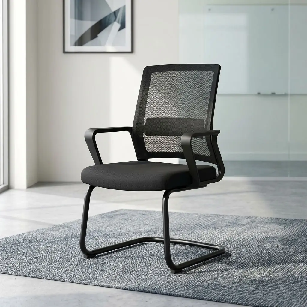 A premium black Mesh Office Waiting Visitor Seat featuring a high-back mesh design, fixed armrests, and a heavy-duty steel sled base frame.