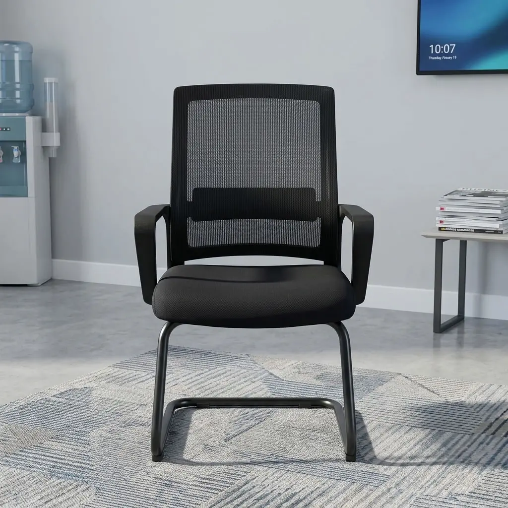 A premium black Mesh Office Waiting Visitor Seat featuring a high-back mesh design, fixed armrests, and a heavy-duty steel sled base frame.