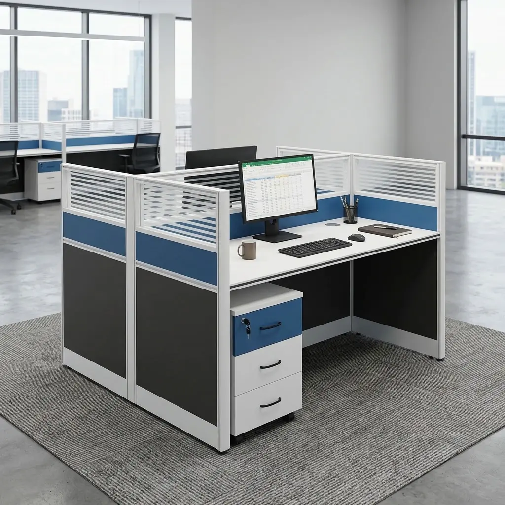 A premium white 2 Way Office Workstation Desk cluster featuring a face-to-face dual layout with blue and charcoal partition screens, striped clear tops, and an integrated three-drawer mobile pedestal.