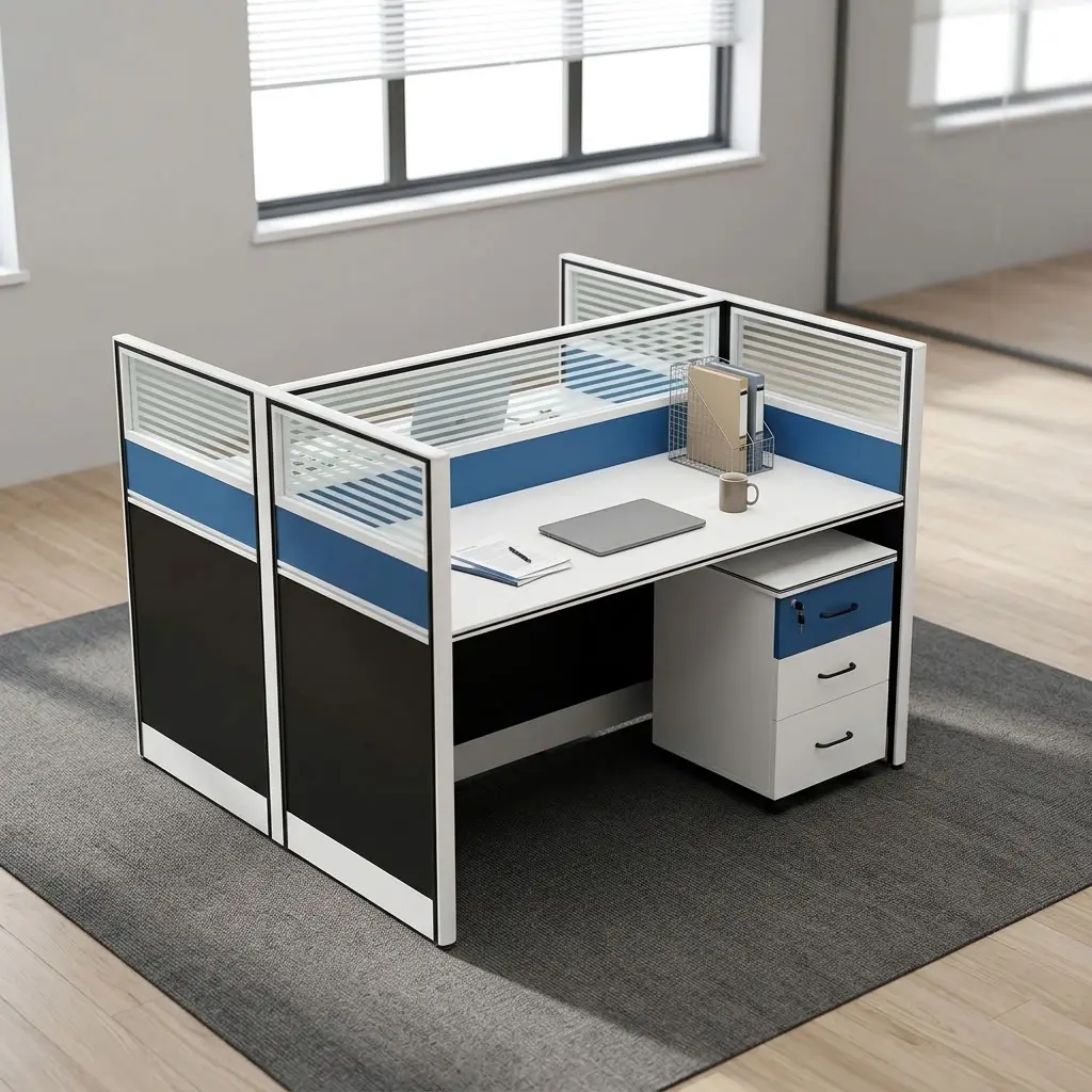 A premium white 2 Way Office Workstation Desk cluster featuring a face-to-face dual layout with blue and charcoal partition screens, striped clear tops, and an integrated three-drawer mobile pedestal.