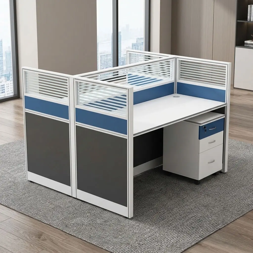 A premium white 2 Way Office Workstation Desk cluster featuring a face-to-face dual layout with blue and charcoal partition screens, striped clear tops, and an integrated three-drawer mobile pedestal.