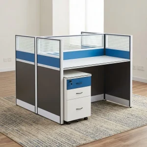 A premium white 2 Way Office Workstation Desk cluster featuring a face-to-face dual layout with blue and charcoal partition screens, striped clear tops, and an integrated three-drawer mobile pedestal.