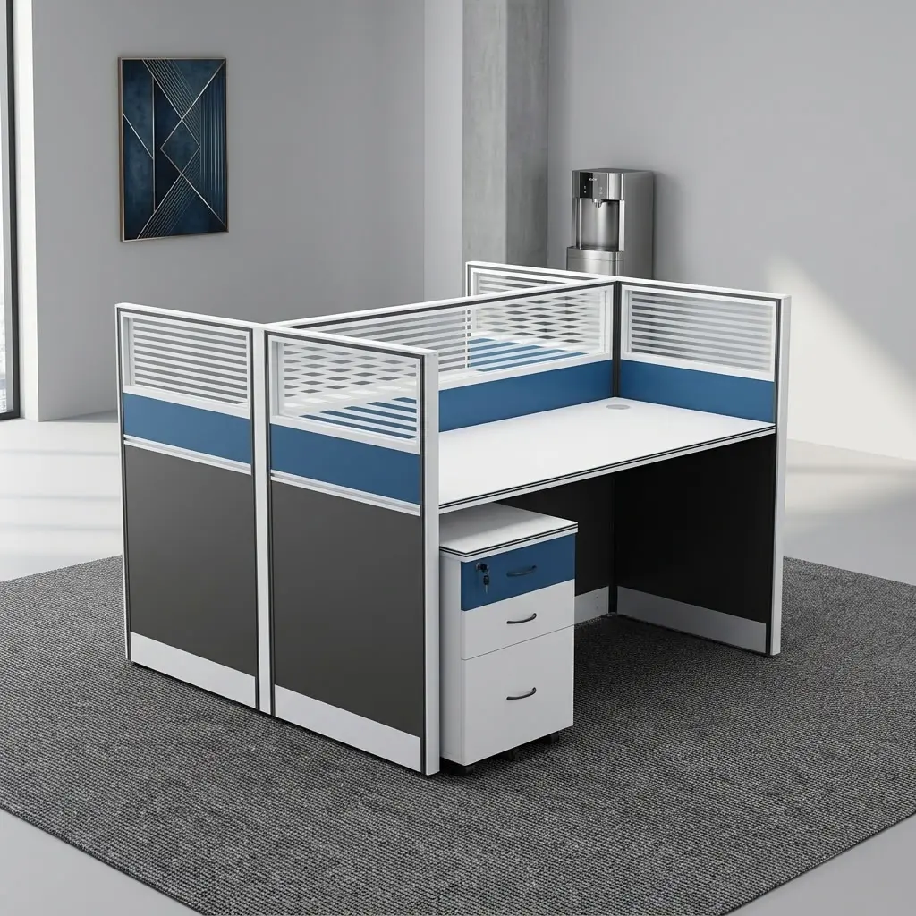 A premium white 2 Way Office Workstation Desk cluster featuring a face-to-face dual layout with blue and charcoal partition screens, striped clear tops, and an integrated three-drawer mobile pedestal.