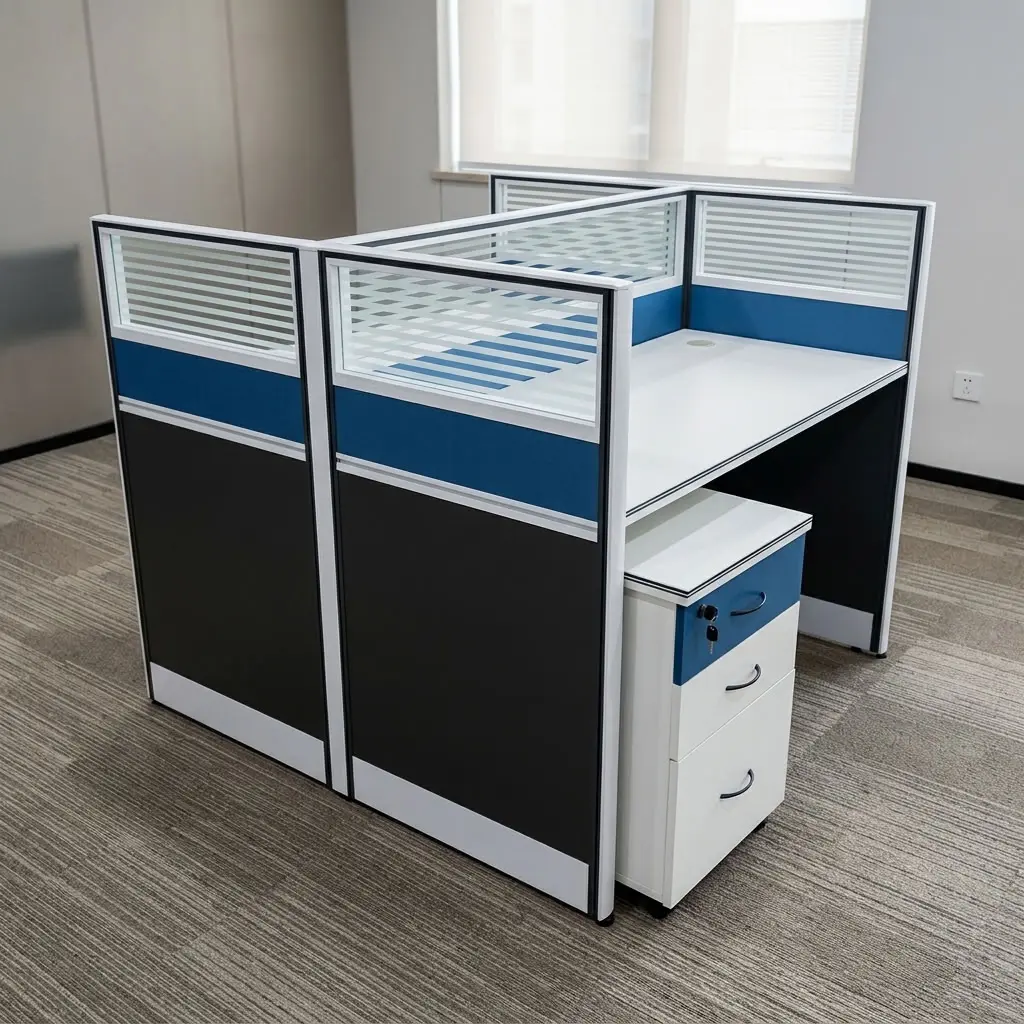 A premium white 2 Way Office Workstation Desk cluster featuring a face-to-face dual layout with blue and charcoal partition screens, striped clear tops, and an integrated three-drawer mobile pedestal.