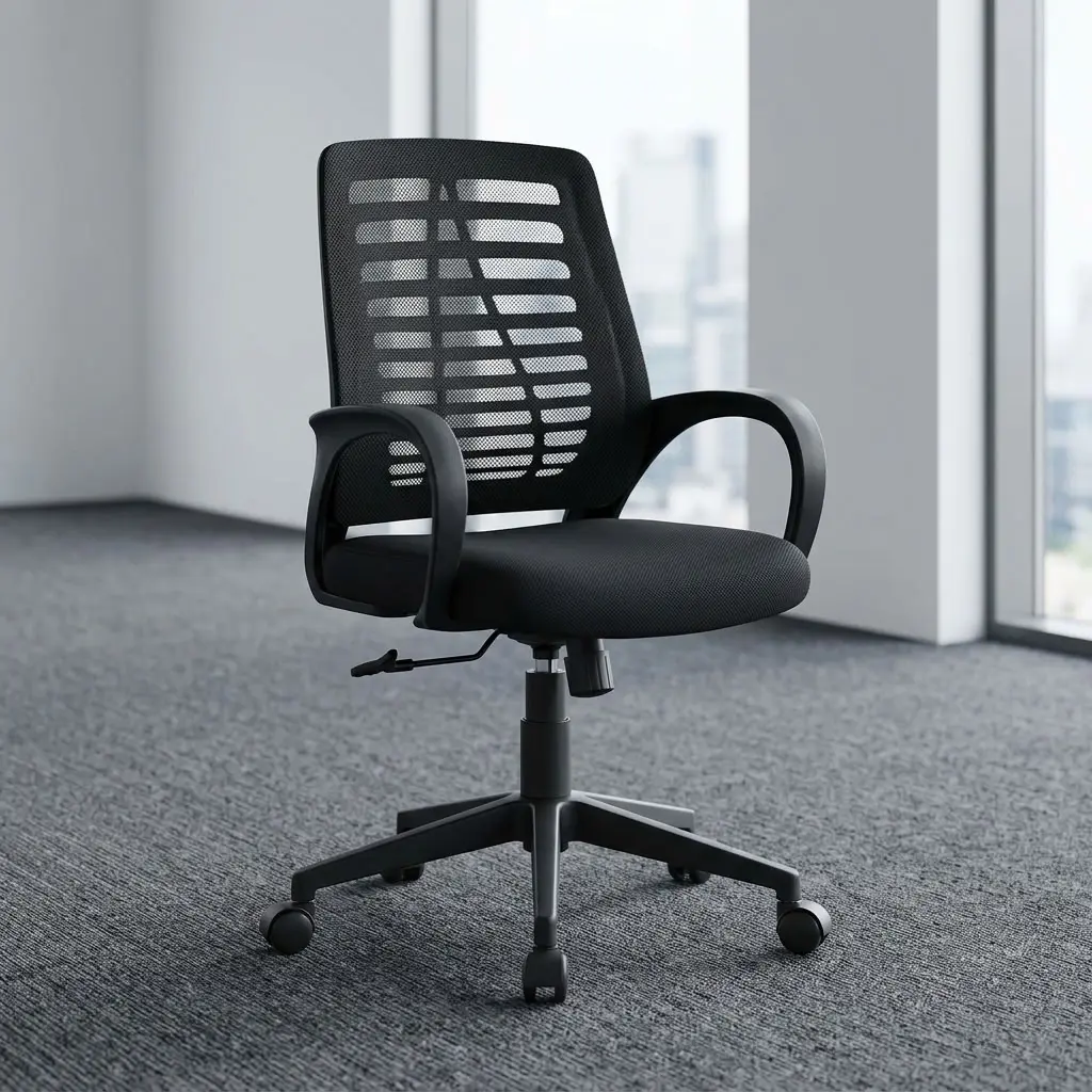 A premium black Secretarial Mesh-Back Office Seat featuring an ergonomic skeletal rib mesh backrest, integrated wrap-around armrests, and a heavy-duty five-star wheeled base.