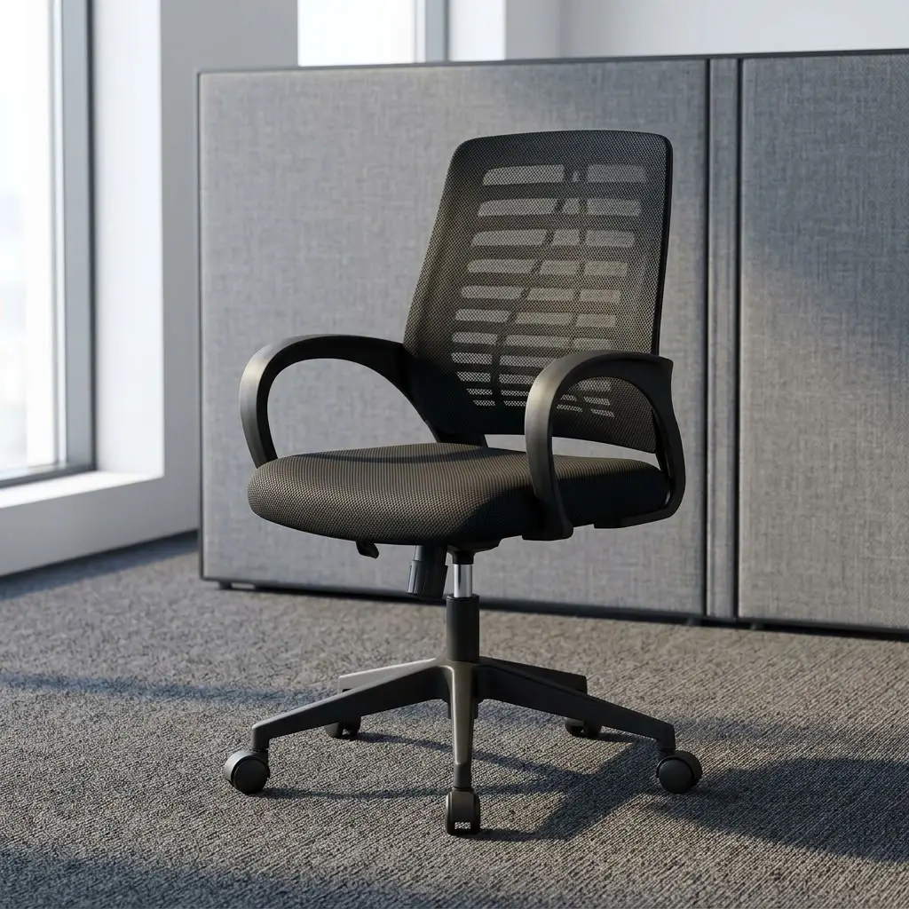 A premium black Secretarial Mesh-Back Office Seat featuring an ergonomic skeletal rib mesh backrest, integrated wrap-around armrests, and a heavy-duty five-star wheeled base.