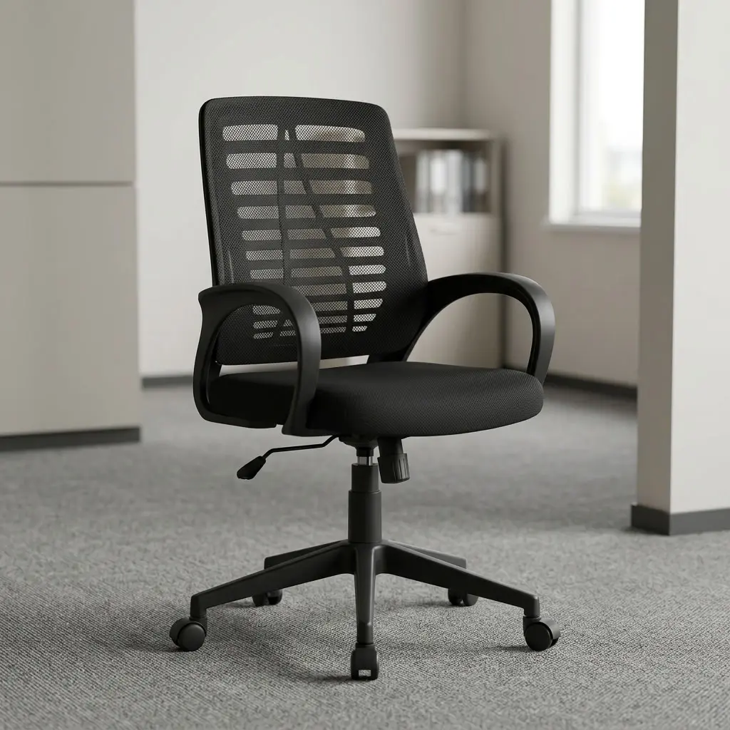 A premium black Secretarial Mesh-Back Office Seat featuring an ergonomic skeletal rib mesh backrest, integrated wrap-around armrests, and a heavy-duty five-star wheeled base.